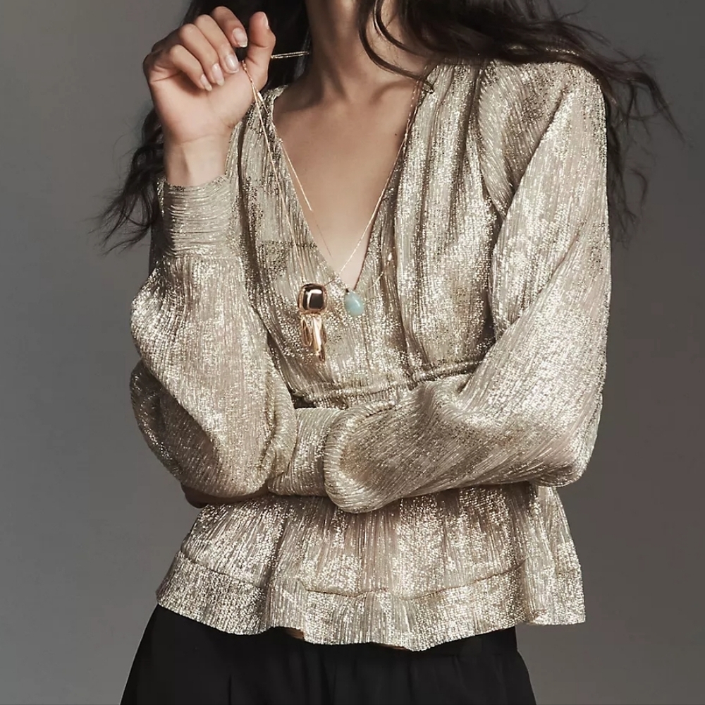 Price Firm By Anthropologie Metallic Smocked Long-Sleeve Shirt